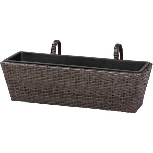 Brauner Balkon-Pflanzkasten (60 cm) aus Polyrattan mit Haken zur Geländerbefestigung.