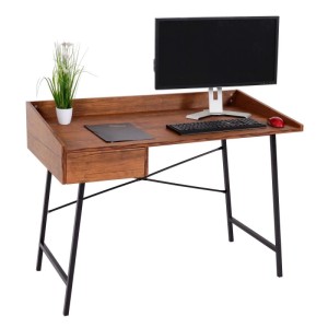 Brauner Schreibtisch MCW J97 mit 3D-Struktur, Schublade und schwarzem Metallgestell.