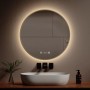 Runder Emke LED Badspiegel mit gebürstetem Goldrahmen, Beleuchtung, integrierter Uhr und Temperaturanzeige. Dimmbar und Antibeschlag.