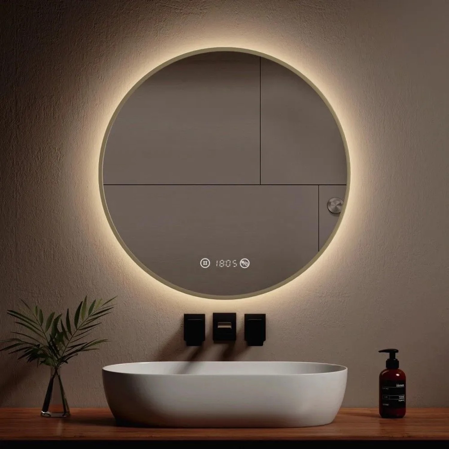 Runder Emke LED Badspiegel mit gebürstetem Goldrahmen, Beleuchtung, integrierter Uhr und Temperaturanzeige. Dimmbar und Antibeschlag.