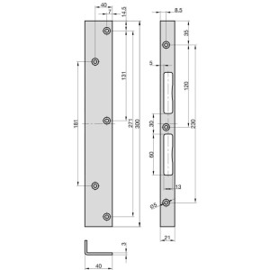 Zeichnung Basi Reparatur-Winkelschließblech RWS 300, Stahl verzinkt, Maße und Details.