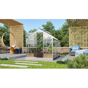 Vitavia Gewächshaus Venus 5000 ESG mit Alu-Rahmen und Zubehör-Set im Garten.