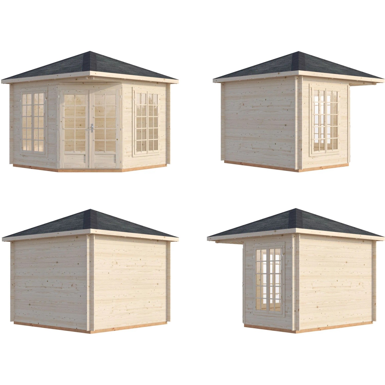 Palmako Holz-Pavillon Melanie aus hellem Fichtenholz mit dunklem Dach, verglaster Doppeltür und Sprossenfenstern. Inkl. Fußboden.
