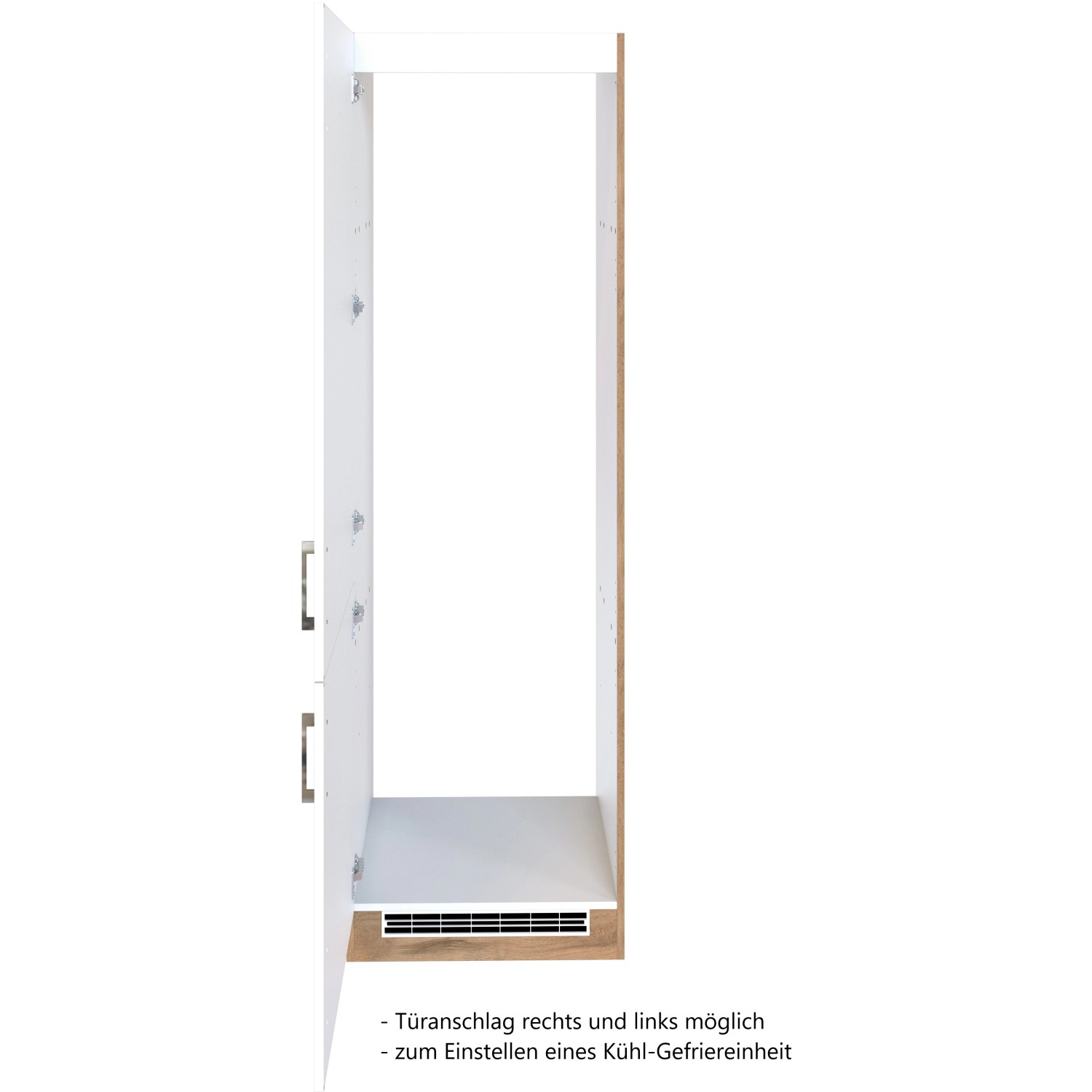 Offener Kühl-Gefrierschrankumbau Sorrento, weiß/Wotanei, für Einbaugerät. Vorratsschrank mit Tür.