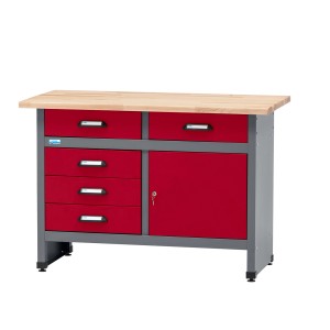 Küpper Werkbank mit Tür und 5 Schubladen, dunkelrot, mit Buchenholzplatte. Ideal für die Werkstatt.