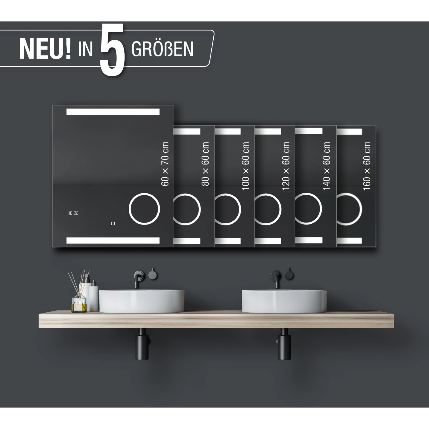 DSK Design LED-Lichtspiegel Silver Conde in 5 Größen, 100x60 cm.