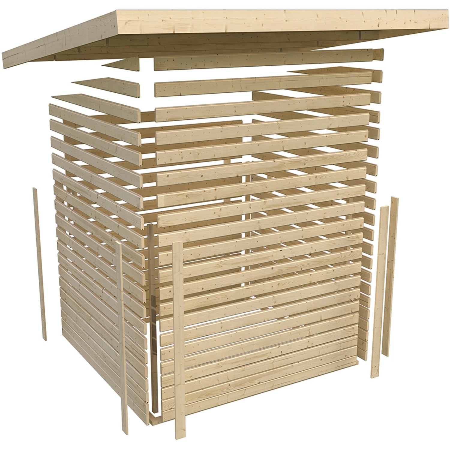 Karibu Holz-Gartenhaus Vellinge, unbehandelt, 208x210 cm, im Aufbau. Holzmaserung sichtbar.