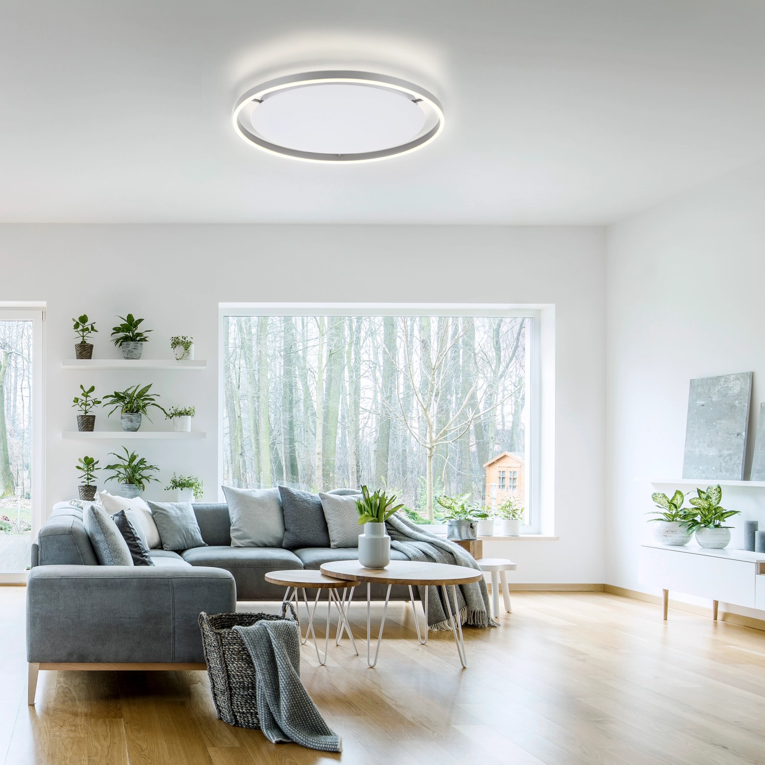 Moderne, dimmbare LED Deckenleuchte Ritus Aluminium, Ø 60 cm im Wohnzimmer.