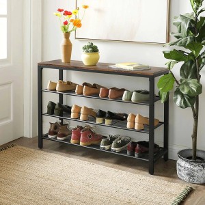 Vasagle Schuhregal, 100x30x72 cm, braun-schwarz, mit drei Gitterböden und Schuhen.