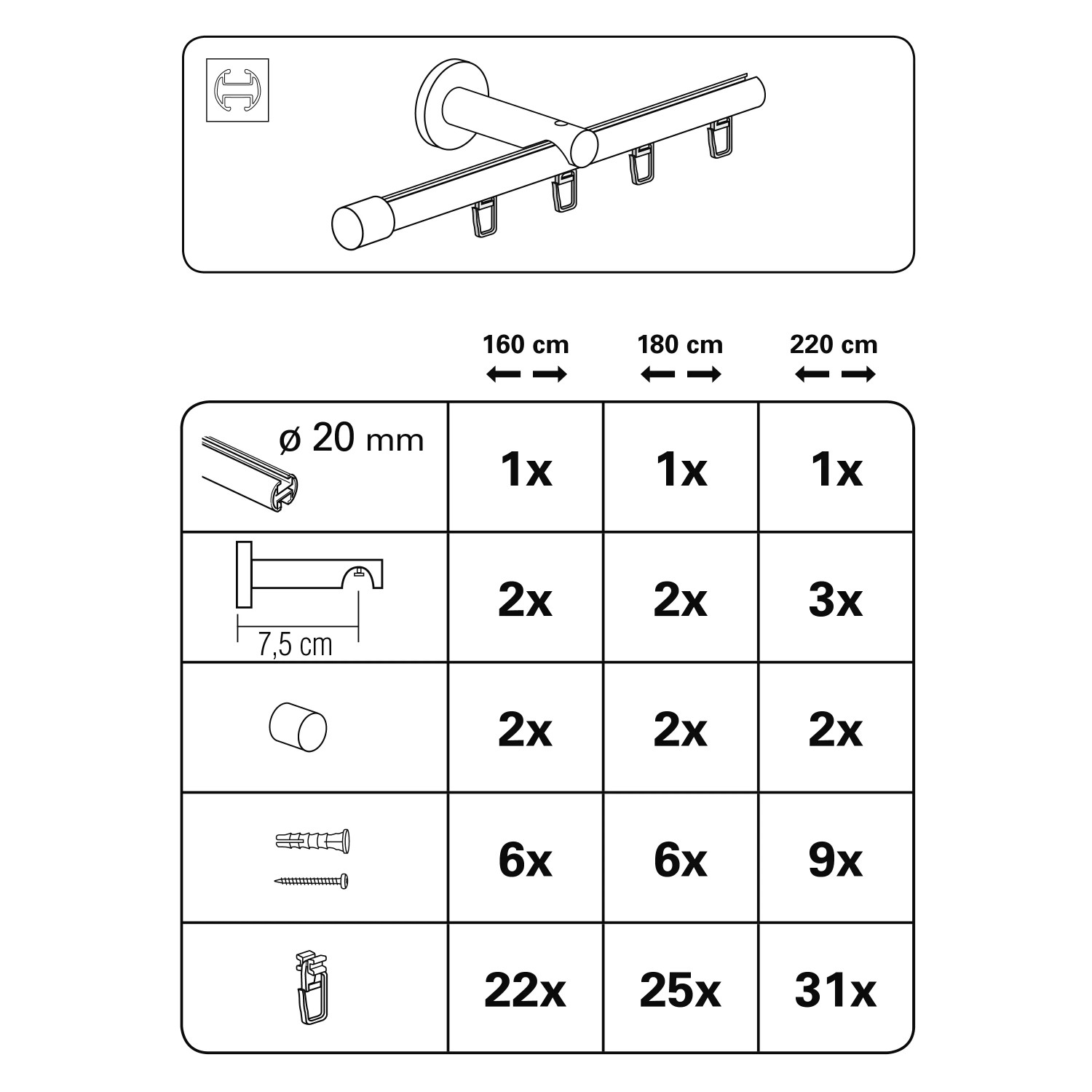 Bestandteile Gardinia Gardinenstangen-Set Isa, 1-läufig, Edelstahl, verschiedene Längen.