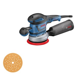 Bosch Professional Exzenterschleifer GEX 40-150, 400 W, blau/schwarz, mit Staubfangbeutel und Mehrloch-Schleifpapier.