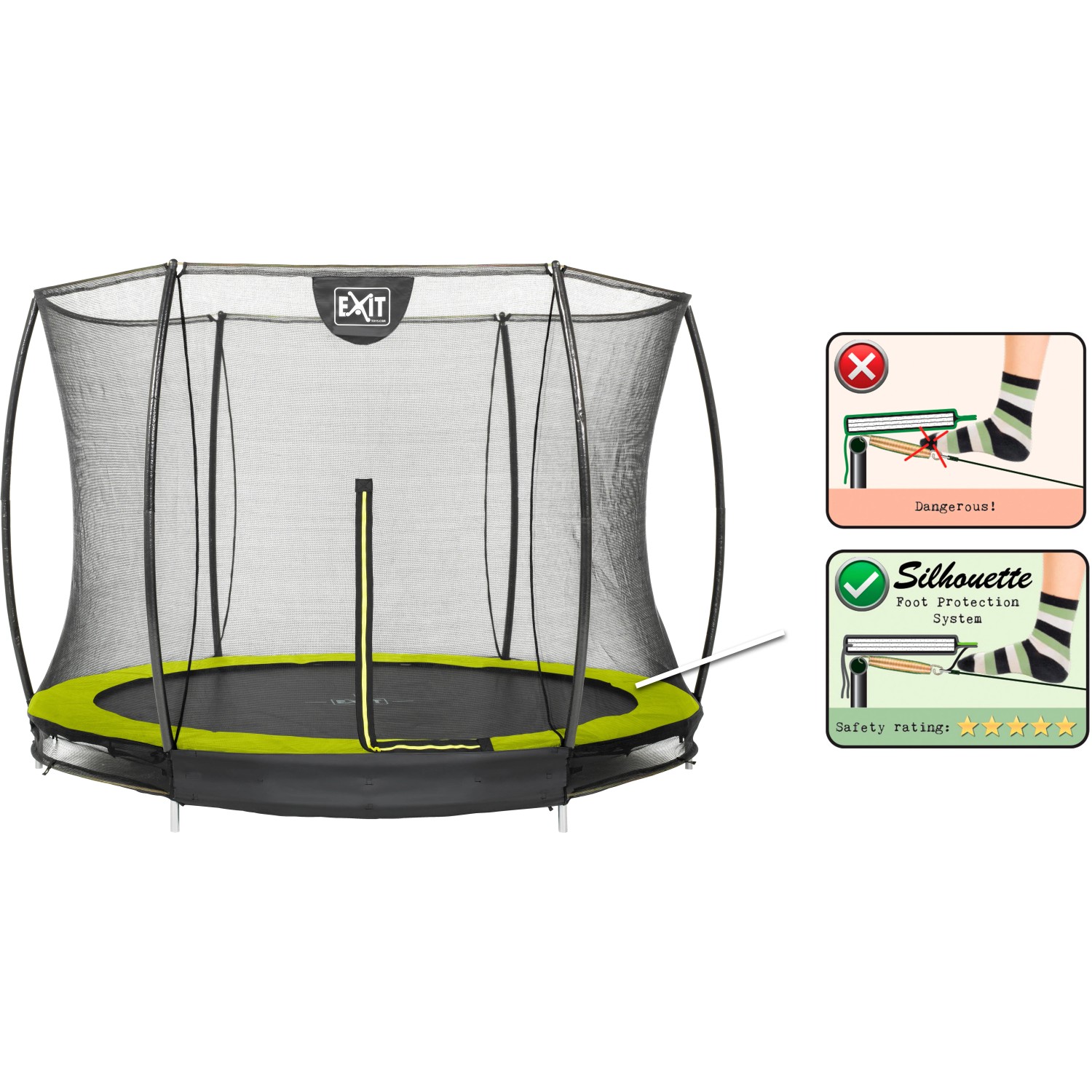 Grünes EXIT Silhouette Bodentrampolin (D244cm) mit Sicherheitsnetz für sicheren Springspaß.