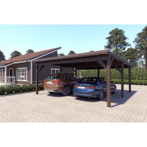 Holzbrüder Doppelcarport Ralf, graubraun, mit Blechdach in Dunkelbraun und zwei geparkten Autos.