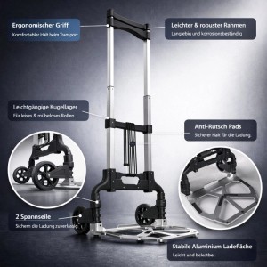 BigDean Aluminium Transportkarre Klappbar Sackkarre Bis 70 Kg Plus 110 Cm Teleskopgriff Anti Rutsch Pads Leise Soft Räder Inkl 2 Expanderseile Leicht