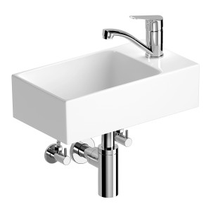 Weißes baliv Handwaschbecken 40 cm mit Armatur und Siphon für das Gästebad.