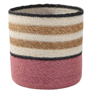 Runder Pflanztopf aus Seegras & Hogla, magenta, natur & creme gestreift. Handgefertigter Übertopf.