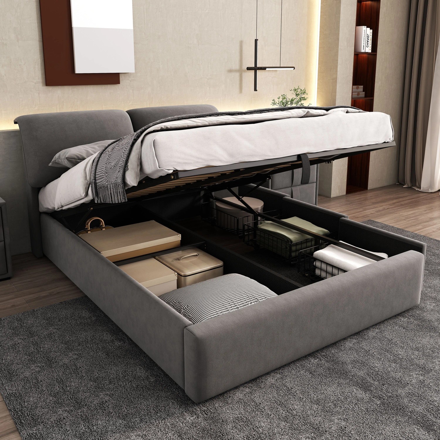 okwish Polsterbett 140x200cm mit 3 Schubladen Schlafzimmer Grau ohne Matratze_4