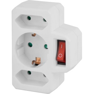 Weißer 3-fach Übergangsstecker mit Schalter für den Innenbereich.