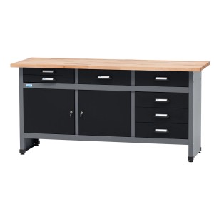 Küpper Werkbank mit 2 Türen, 7 Schubladen, 84x170x60 cm, schwarz-hellgrau, FSC®-zertifiziert.