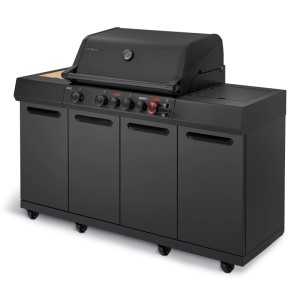 Enders Gasgrill Uniq 4 IK Kitchen Cruster Shadow, schwarzer Grill mit Unterschränken und Seitenkocher.