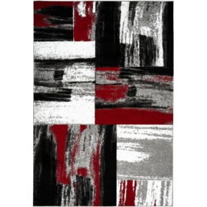 Moderner, roter Teppich Giga 310 (80x150 cm) mit abstraktem Muster in Schwarz, Grau und Weiß.