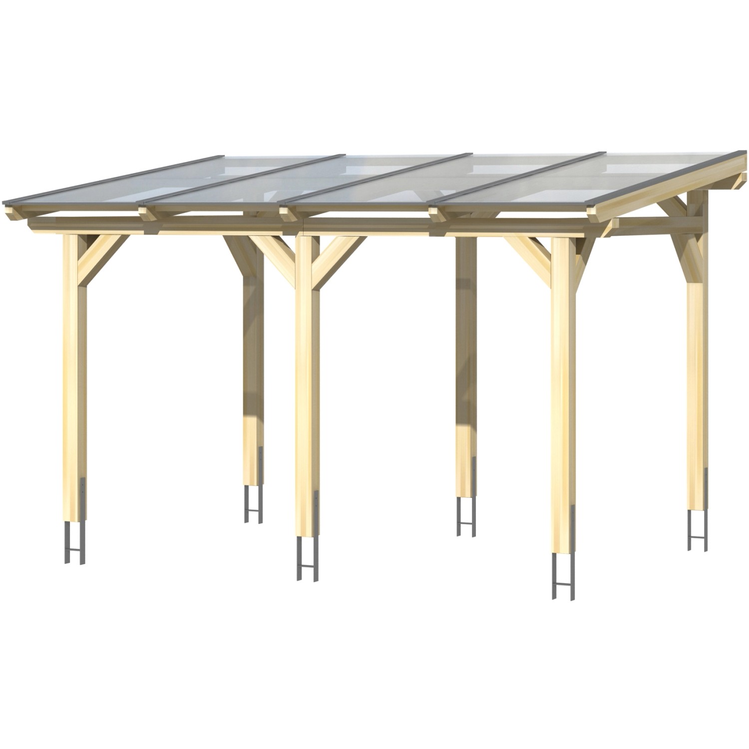 Freistehende Skan Holz Terrassenüberdachung Siena aus Leimholz Eiche hell mit klarer Dacheindeckung.