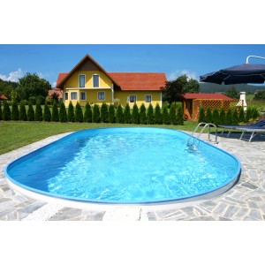 Ovaler Summer Fun Stahlwandpool FERRARA (525x320x120 cm) im Garten mit Haus.