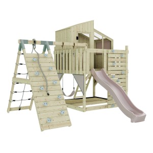 Holz-Spieltum mit Rutsche, Kletterwand und Kinderschaukel Altrosa. Ideal für den Garten.