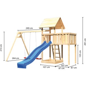 Karibu Spielturm Lotti mit Doppelschaukel, Anbauplattform und blauer Rutsche, Ansicht mit Maßen.