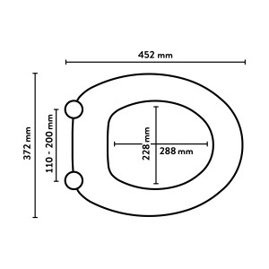 Abbildung mit Maßangaben des schwarzen WC-Sitzes Laya von baliv mit Absenkautomatik.