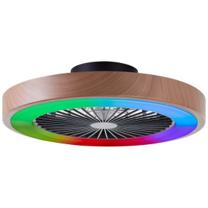 LED-Deckenleuchte Slimline mit Ventilator, schwarz und Holzfarben, Ø 49 cm.
