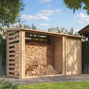 TIMBELA Gartenhaus Holz mit Brennholzregal 3,64 m² M205 ohne Boden