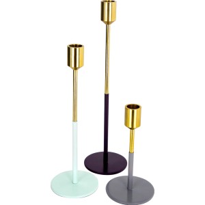 Kerzenhalter Saga 3er Set in Gold, Mint, Pflaume und Grau für Stabkerzen.