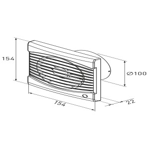 Weißer Badventilator System Ø 100 mm mit Nachlaufzeit, Schemazeichnung mit Maßen.