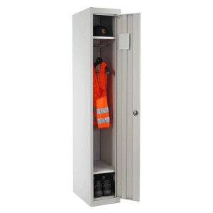 Grauer MCW Spind Boston T163 aus Metall mit offener Tür, Kleiderstange, Spiegel und Ablagefächern.