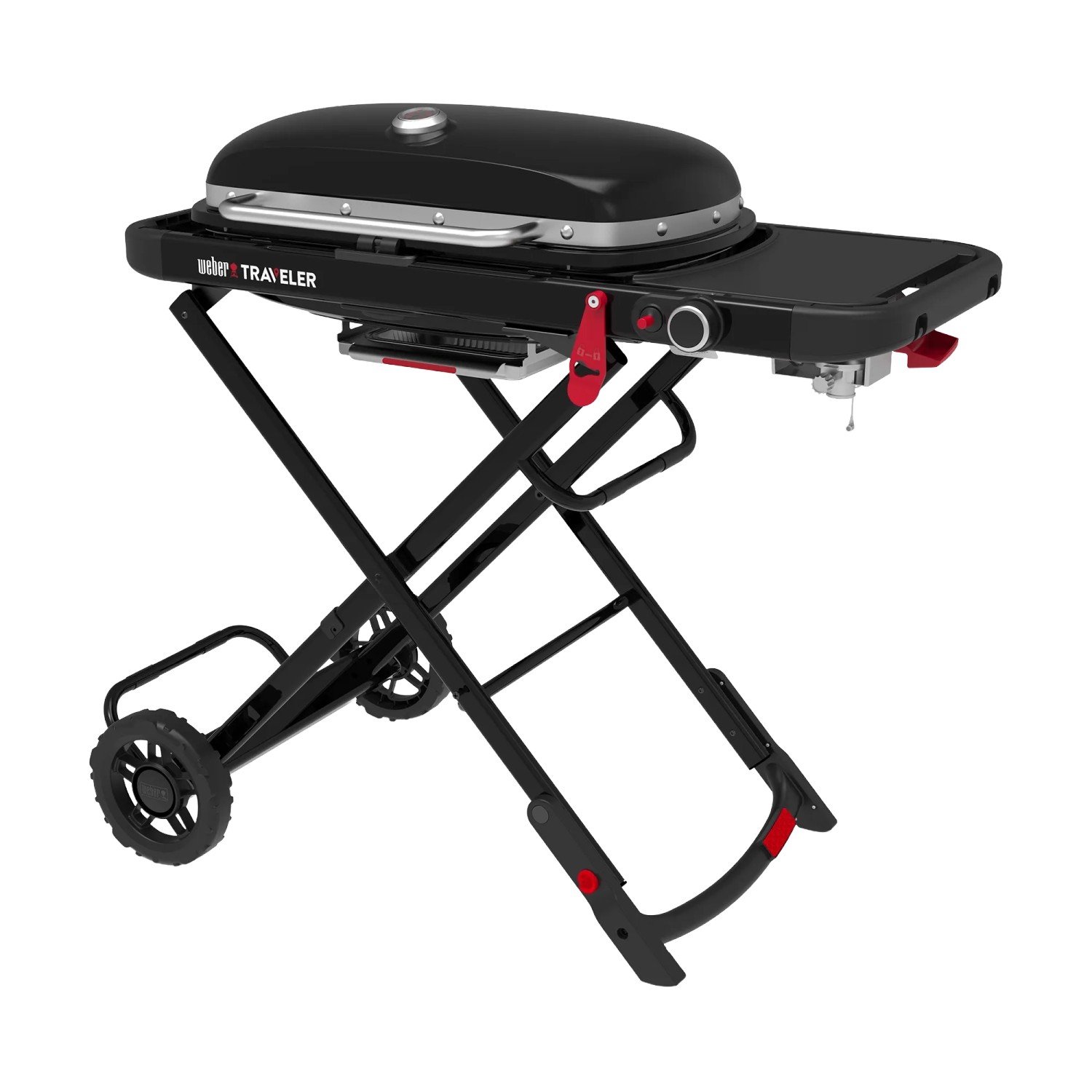 Weber Traveler Camping-Gasgrill mit Rollwagen, 1 Brenner, schwarz. Mobiler Grill für Camping und unterwegs.
