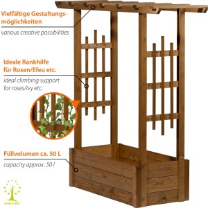 Brauner Pflanzkasten mit Pergola aus Holz und Rankhilfe für Kletterpflanzen.