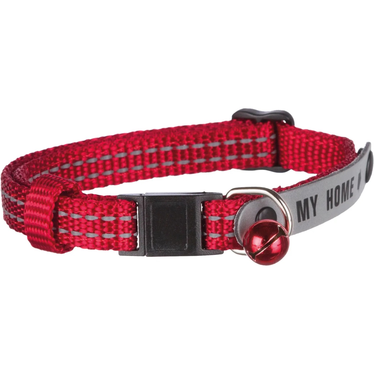Rotes Jollypaw Katzenhalsband aus Nylon mit Reflektorstreifen, Adresslasche und Glöckchen.