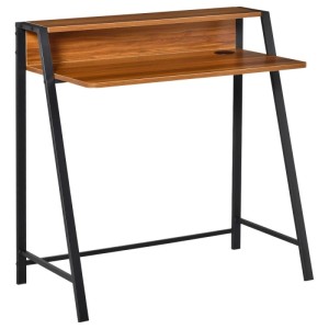 HOMCOM Schreibtisch Walnuss-Schwarz mit Ablagefach und Kabeldurchlass. Kompakter Metall-Schreibtisch für kleine Räume.