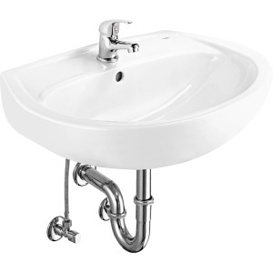 Weißes baliv Waschbecken-Set 60 cm mit Armatur, Siphon und Eckventilen für das Badezimmer.