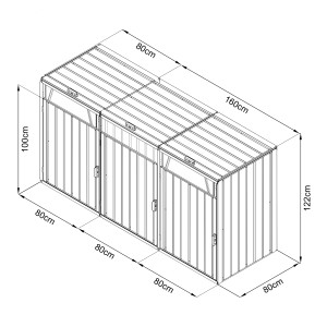 Axi Mülltonnenbox Owen für 3 Tonnen (je 240 l), Metall, Anthrazit, mit Maßangaben.