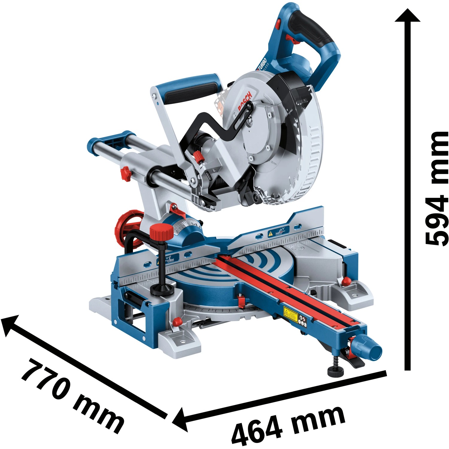 Bosch Professional Akku-Kapp- und Gehrungssäge GCM 18 V-216 D mit Maßen 770x464x594 mm.