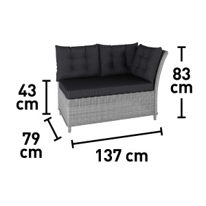 Detailansicht Lounge-Set Madison, 4-teilig, Polyrattan weiß-grau, mit Maßangaben.