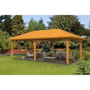 Skan Holz Pavillon Orleans 2, eiche hell lasiert, 359x706 cm. Gartenlaube aus Holz mit Sitzgruppe im Grünen.