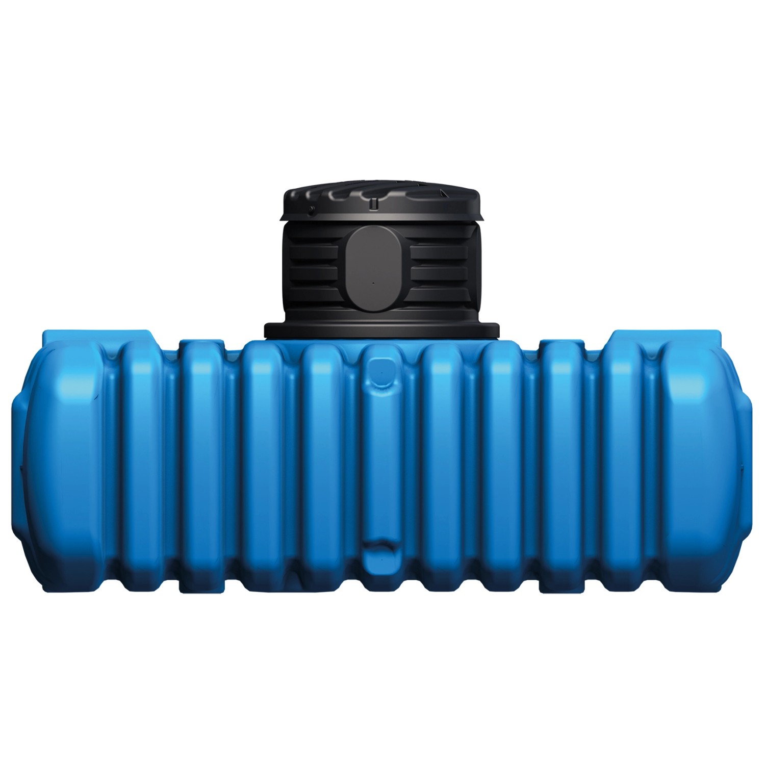 4rain Flachtank Flat S 6.000 l mit Schachtverlängerung, blauer Erdtank mit schwarzem Deckel.