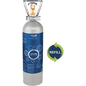 Grohe CO2 Flasche 2kg Nachfüllset für Blue Wassersysteme. Silberne Flasche mit blauem Etikett.