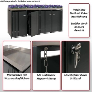 Anthrazitfarbene MCW Mülltonnenbox O67 für 4 Tonnen mit Pflanzkasten und Kippvorrichtung.