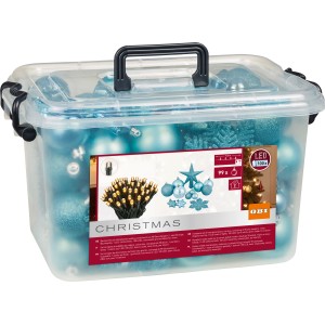 Baumschmuck-Set Eisblau, 100-teilig mit Lichterkette in Aufbewahrungsbox.