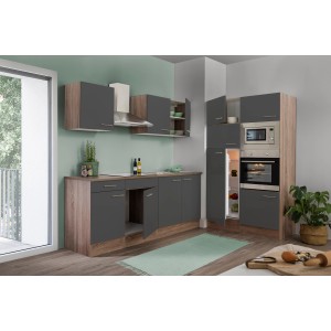 Respekta Küchenzeile KB330EYGMIGKE, 330 cm, Grau Seidenglanz mit Eiche York Dekor, inklusive E-Geräte.