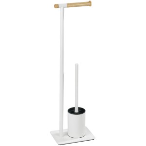 Wenko Stand WC-Garnitur Macao, weiße WC-Bürste mit Holz-Toilettenpapierhalter.